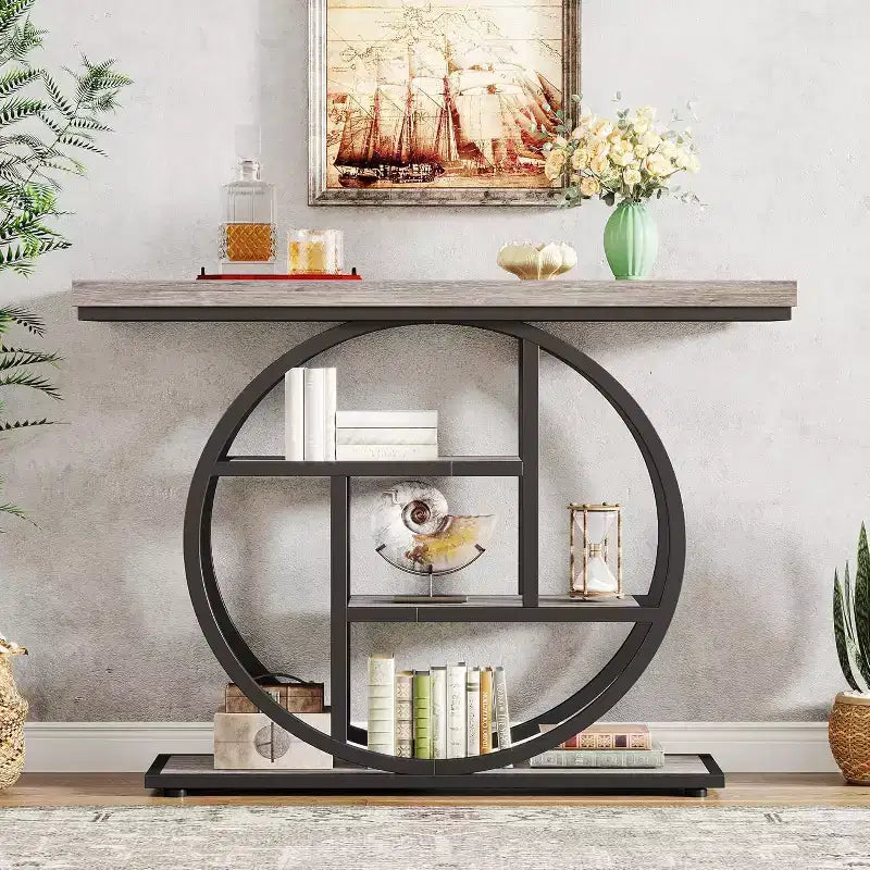 Lantine 41.3-Inch Industrial Console Table, 4-Tier Sofa Table with Circle Base and Storage for Living Room, Hallway, Foyer