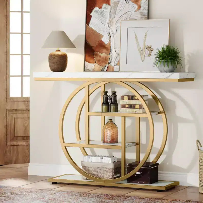 Lantine 41.3-Inch Industrial Console Table, 4-Tier Sofa Table with Circle Base and Storage for Living Room, Hallway, Foyer