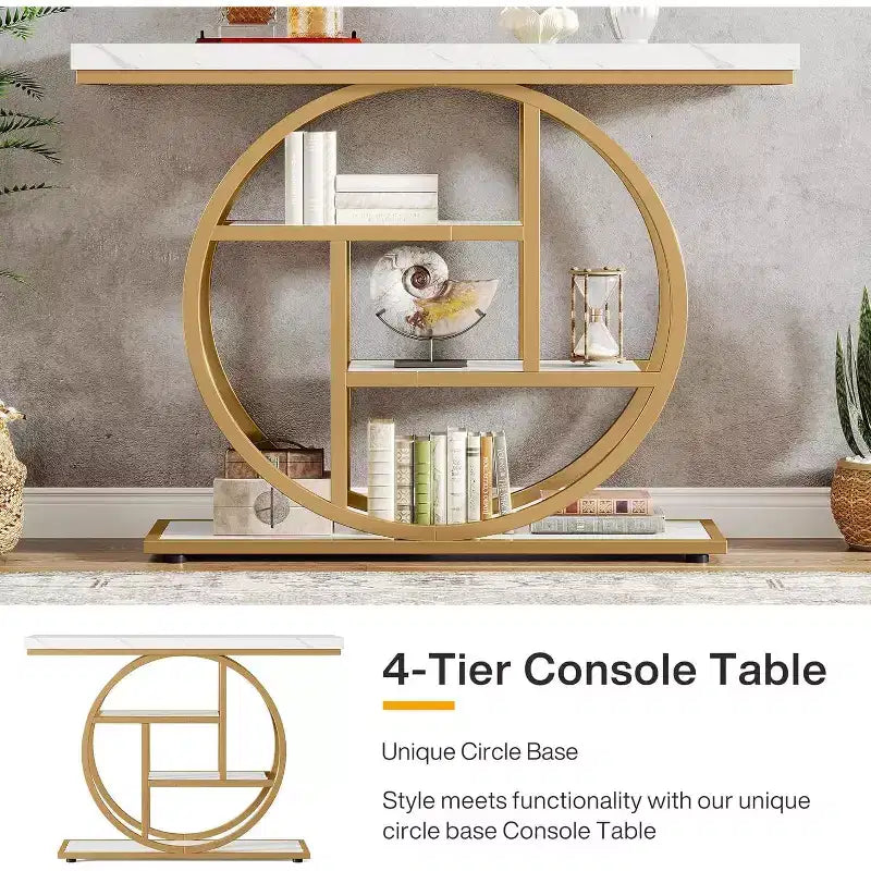 Lantine 41.3-Inch Industrial Console Table, 4-Tier Sofa Table with Circle Base and Storage for Living Room, Hallway, Foyer