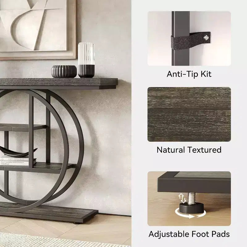 Lantine 41.3-Inch Industrial Console Table, 4-Tier Sofa Table with Circle Base and Storage for Living Room, Hallway, Foyer