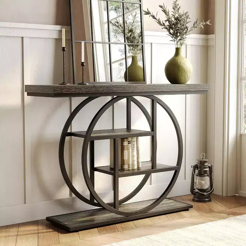 Lantine 41.3-Inch Industrial Console Table, 4-Tier Sofa Table with Circle Base and Storage for Living Room, Hallway, Foyer