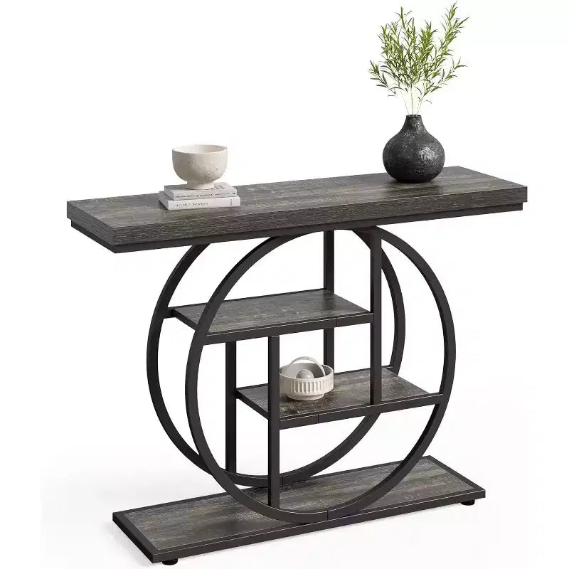 Lantine 41.3-Inch Industrial Console Table, 4-Tier Sofa Table with Circle Base and Storage for Living Room, Hallway, Foyer