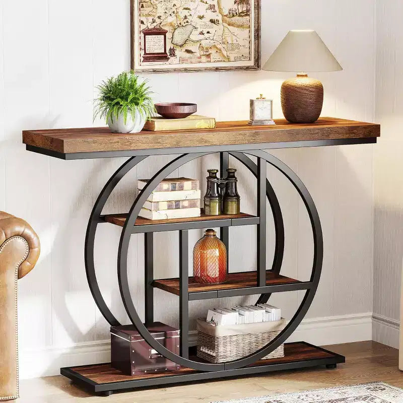 Lantine 41.3-Inch Industrial Console Table, 4-Tier Sofa Table with Circle Base and Storage for Living Room, Hallway, Foyer
