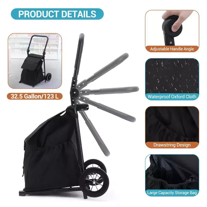 Chariot de courses pliable 2 en 1 avec siège, capacité de 60 kg, chariot d'épicerie étanche à roulettes pour la maison, les voyages - Noir