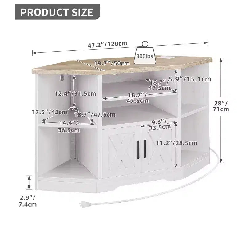 Farmhouse Corner TV Stand for 50 Inch TV, Entertainment Center with Storage and Power Outlet , TV Console Cabinet for Living Room