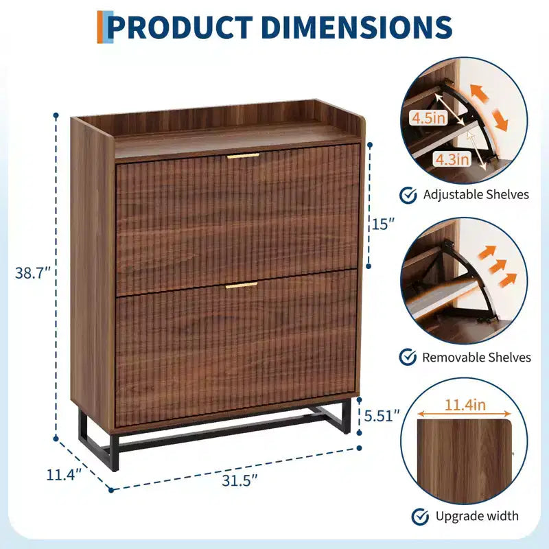 Walnut Fluted Shoe Storage Cabinet with 2 Flip Drawers. Hidden Shoe Organizer for Entryway or Hallway