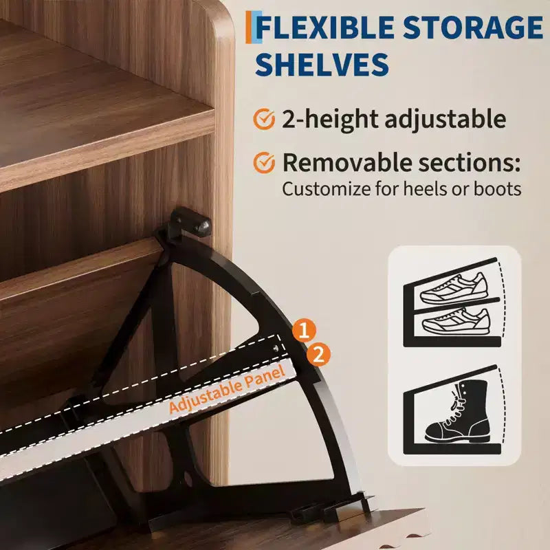 Walnut Fluted Shoe Storage Cabinet with 2 Flip Drawers. Hidden Shoe Organizer for Entryway or Hallway