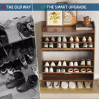 Walnut Fluted Shoe Storage Cabinet with 2 Flip Drawers. Hidden Shoe Organizer for Entryway or Hallway