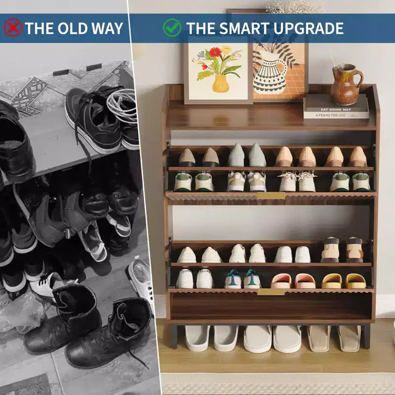 Walnut Fluted Shoe Storage Cabinet with 2 Flip Drawers. Hidden Shoe Organizer for Entryway or Hallway