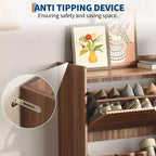 Walnut Fluted Shoe Storage Cabinet with 2 Flip Drawers. Hidden Shoe Organizer for Entryway or Hallway