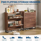 Walnut Fluted Shoe Storage Cabinet with 2 Flip Drawers. Hidden Shoe Organizer for Entryway or Hallway