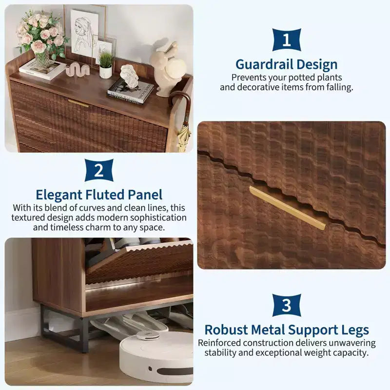 Walnut Fluted Shoe Storage Cabinet with 2 Flip Drawers. Hidden Shoe Organizer for Entryway or Hallway