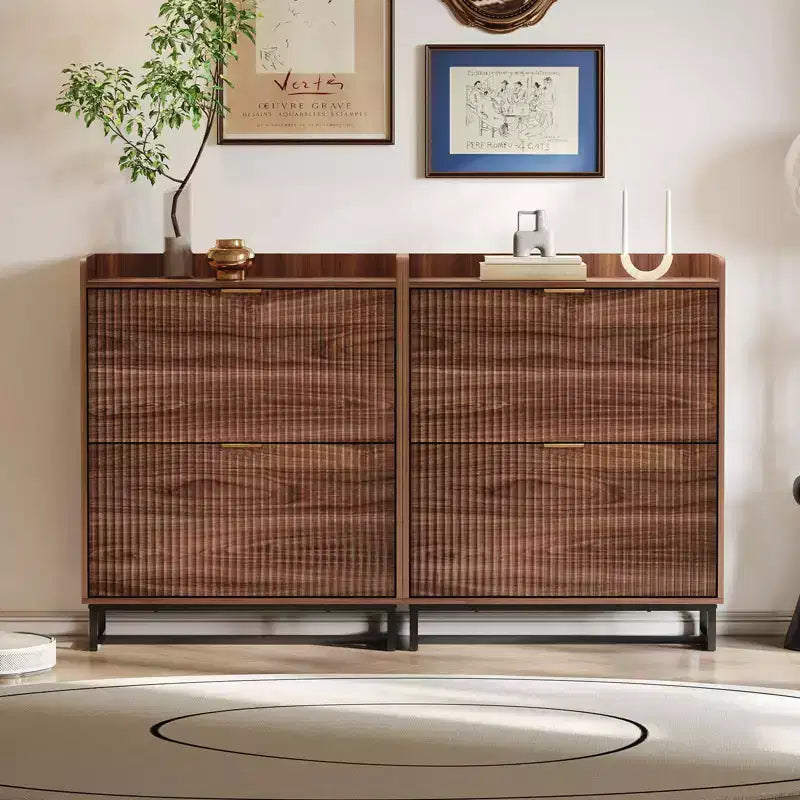 Walnut Fluted Shoe Storage Cabinet with 2 Flip Drawers. Hidden Shoe Organizer for Entryway or Hallway