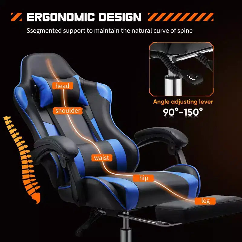 Chaise de jeu ergonomique TUYOHW avec repose-pieds, fauteuil inclinable en cuir PU avec appuie-tête et accoudoir fixe, chaise d'ordinateur pour le bureau et l'étude
