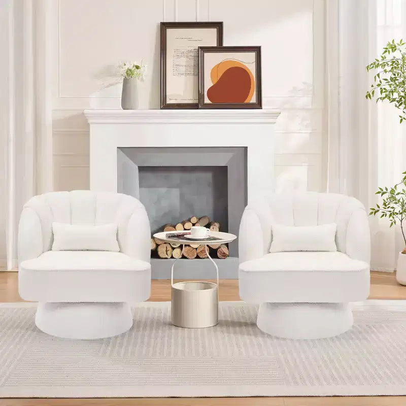 Fauteuil pivotant moderne en forme de tonneau, fauteuil rembourré en tissu Teddy à 360° avec dossier rayé et rembourrage moelleux, chaise longue ronde confortable, lot de 2