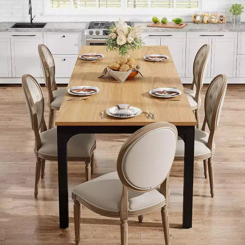 Table à manger Lantine de 199,9 cm de long pour 6-8 personnes, table à dîner rectangulaire industrielle rustique avec pieds en métal robuste, naturel