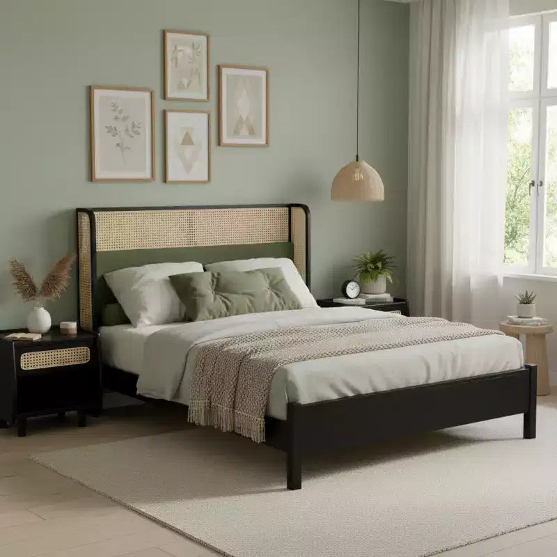 Queen/King Size Platform Bed Frame with Wingback Upholstered Headboard & Sturdy Wood Frame, Bohemian - ModernLuxe