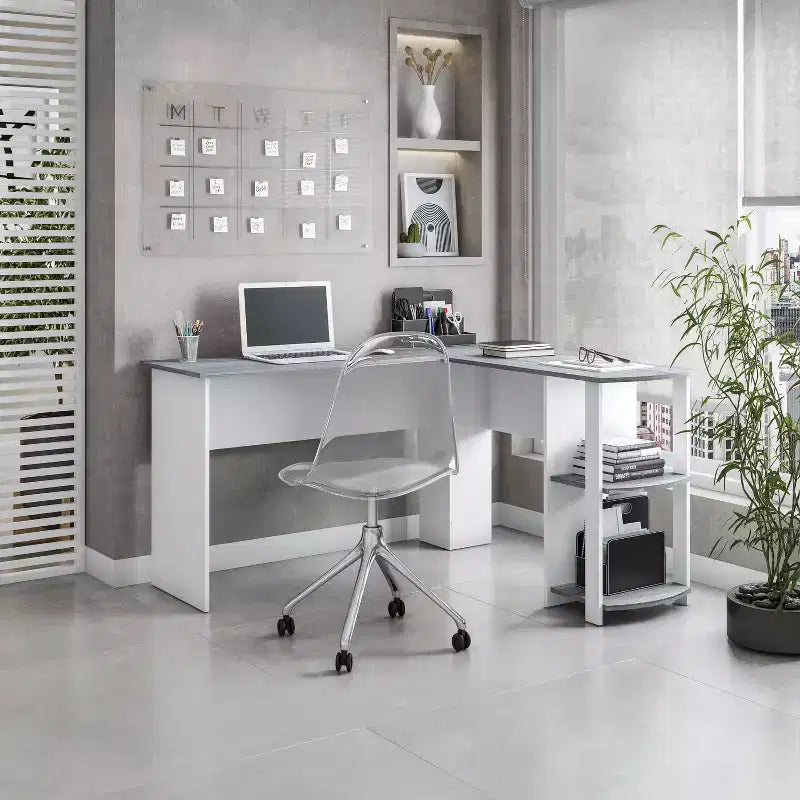 TUYOHW Modern L-Shaped Corner Desk,Home Office Desk with Two Side Shelves,Laminated Wooden Panels,Wooden Computer Desk for Office,Study,Bedroom,Gray