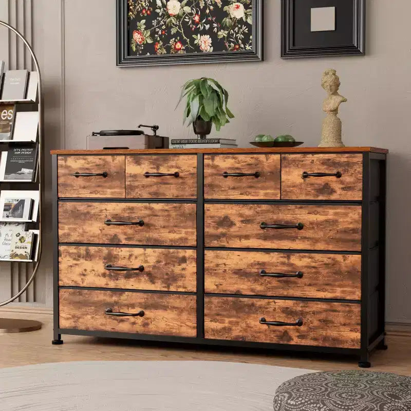Commode large et rustique marron avec 10 tiroirs en tissu, grande unité de rangement, meuble de chambre à coucher, meuble TV d'entrée de 50 pouces