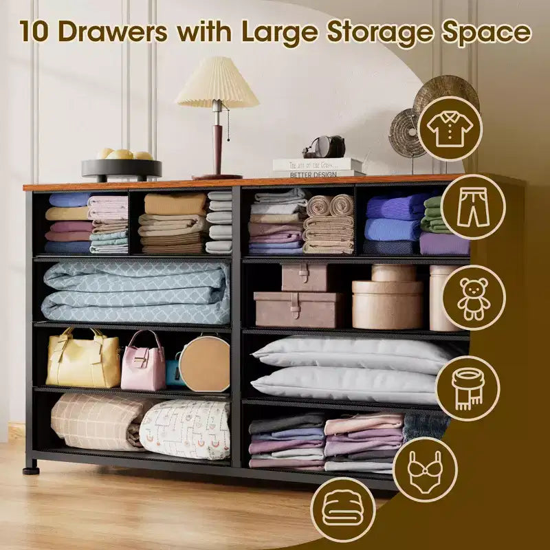 Commode large et rustique marron avec 10 tiroirs en tissu, grande unité de rangement, meuble de chambre à coucher, meuble TV d'entrée de 50 pouces