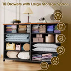Commode large et rustique marron avec 10 tiroirs en tissu, grande unité de rangement, meuble de chambre à coucher, meuble TV d'entrée de 50 pouces