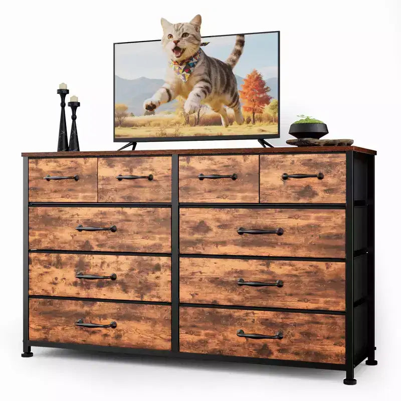 Commode large et rustique marron avec 10 tiroirs en tissu, grande unité de rangement, meuble de chambre à coucher, meuble TV d'entrée de 50 pouces