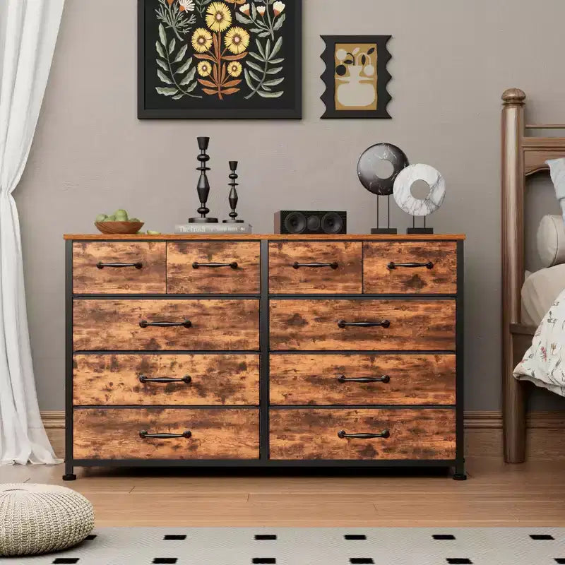 Commode large et rustique marron avec 10 tiroirs en tissu, grande unité de rangement, meuble de chambre à coucher, meuble TV d'entrée de 50 pouces