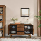 JVNOXK Buffet de style moderne du milieu du siècle de 120 cm avec rangement, comprenant 2 portes et 3 tiroirs, idéal pour la salle à manger, finition noyer