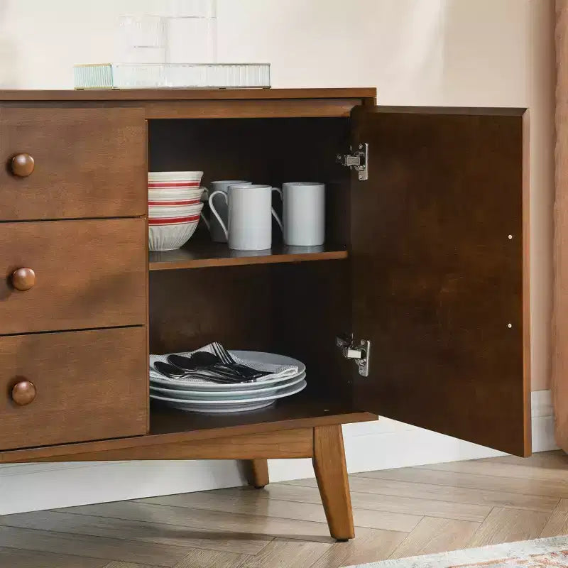 JVNOXK Buffet de style moderne du milieu du siècle de 120 cm avec rangement, comprenant 2 portes et 3 tiroirs, idéal pour la salle à manger, finition noyer