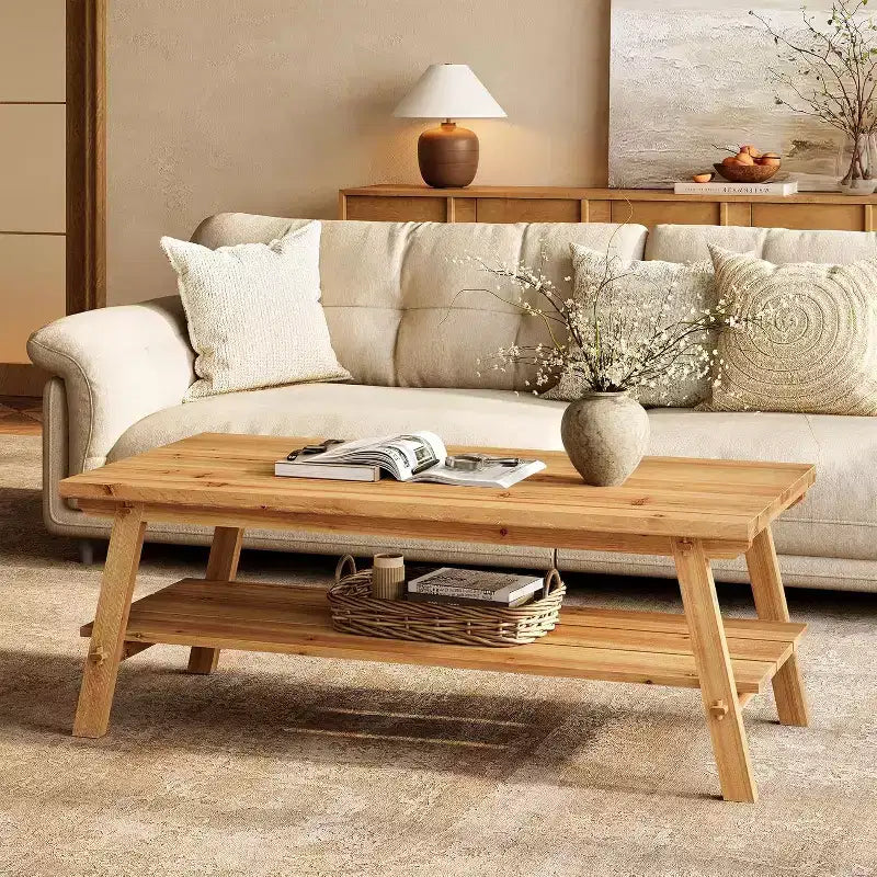 Lantine Solid Wood Coffee Table with Storage, 47-Inch Farmhouse Rectangle Center Table, 2-Tier Simple Long Tea Table for Living Room, Natural