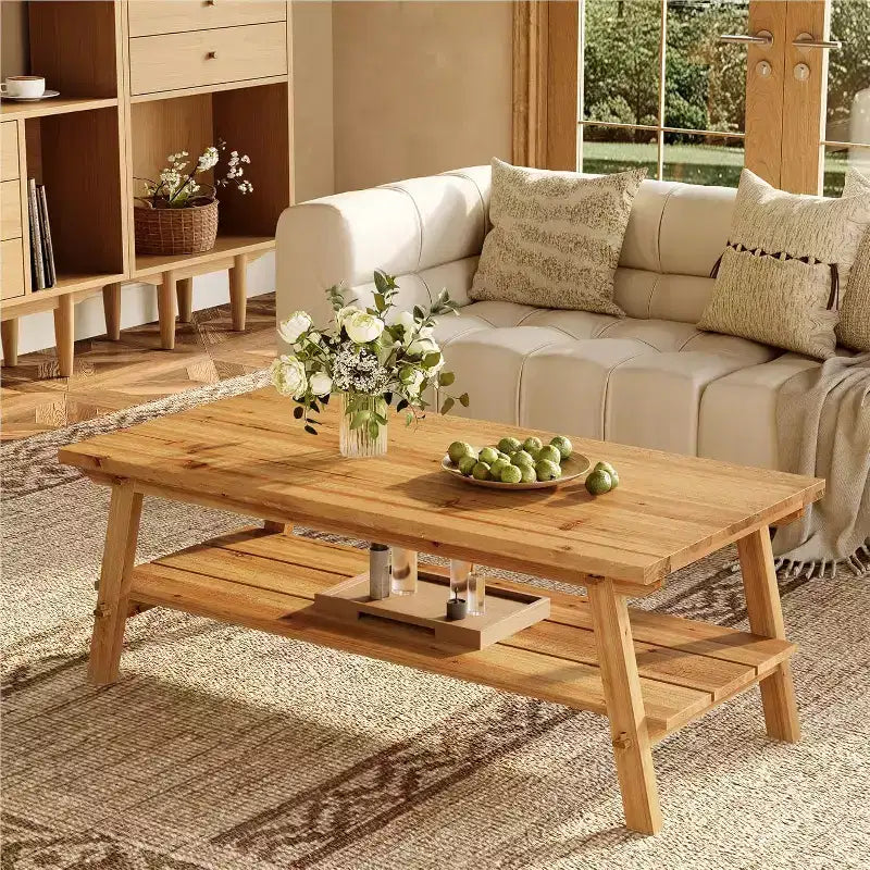 Lantine Solid Wood Coffee Table with Storage, 47-Inch Farmhouse Rectangle Center Table, 2-Tier Simple Long Tea Table for Living Room, Natural