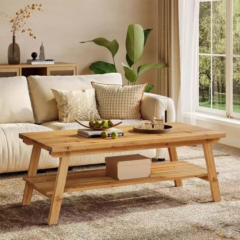 Lantine Solid Wood Coffee Table with Storage, 47-Inch Farmhouse Rectangle Center Table, 2-Tier Simple Long Tea Table for Living Room, Natural