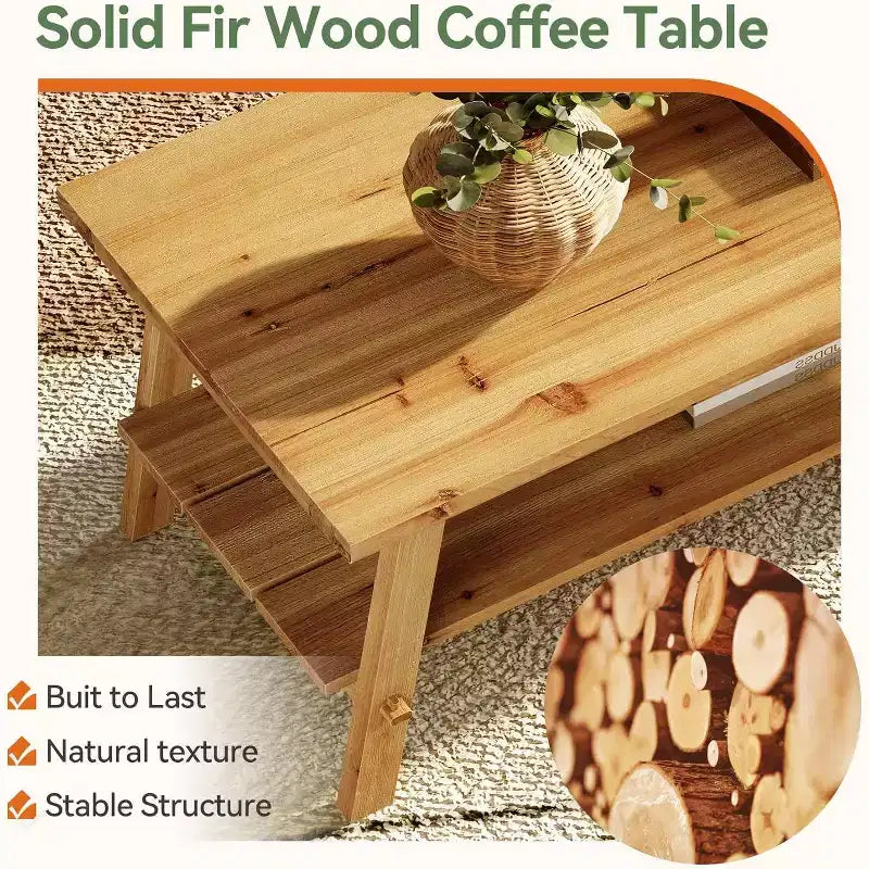 Lantine Solid Wood Coffee Table with Storage, 47-Inch Farmhouse Rectangle Center Table, 2-Tier Simple Long Tea Table for Living Room, Natural