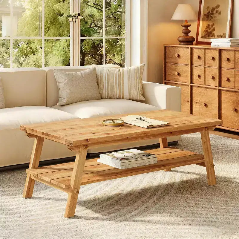 Lantine Solid Wood Coffee Table with Storage, 47-Inch Farmhouse Rectangle Center Table, 2-Tier Simple Long Tea Table for Living Room, Natural