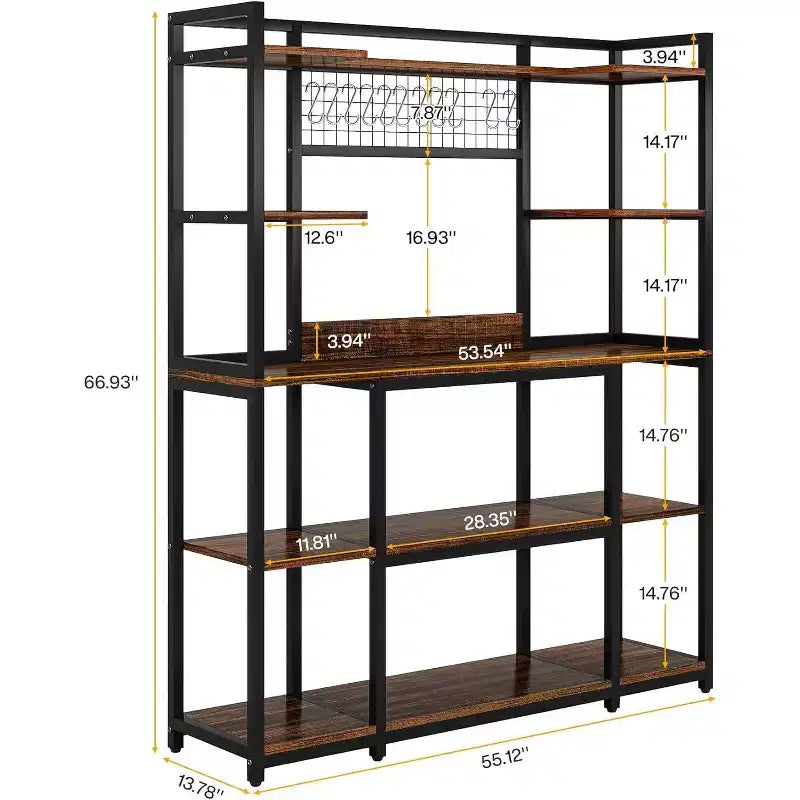 Lantine Étagère de cuisine 140 cm, support pour micro-ondes à 5 niveaux avec cadre en métal, grande station de café avec 11 crochets, marron rustique