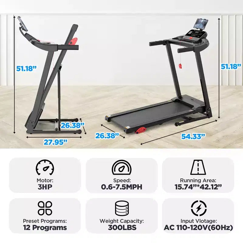 Tapis de course en promotion : Tapis de course pliable portable 3 CV avec contrôle par application, tapis de course inclinable, 12 km/h, écran LED, 64 programmes, tapis de course pour la marche et le jogging