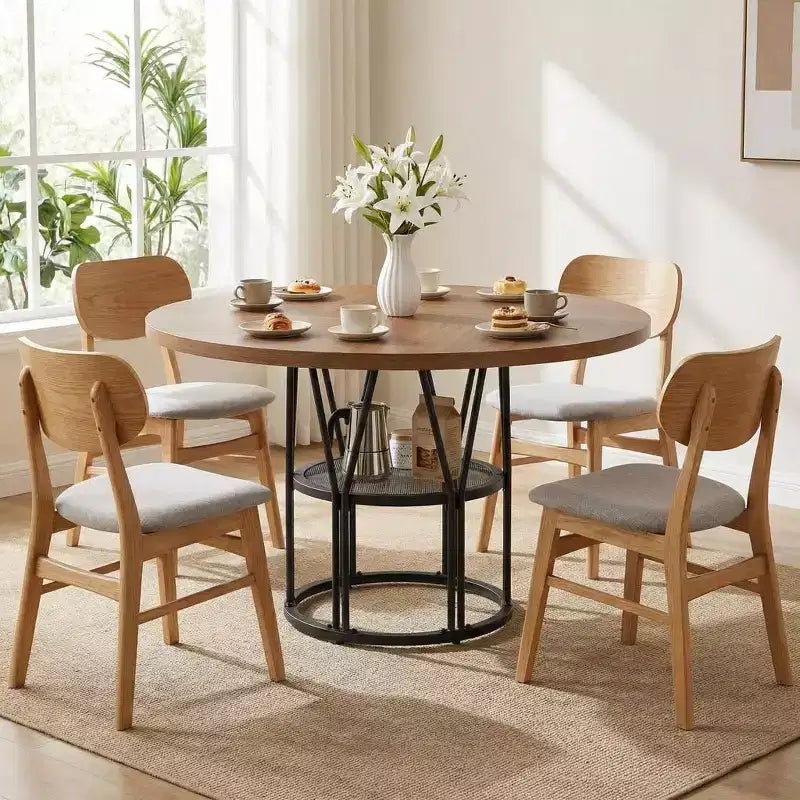 Table à manger ronde de 47" pour 4 à 6 personnes, table de cuisine en bois avec étagère de rangement et base en métal, table à manger moderne, table de petit-déjeuner pour salon, sans chaise