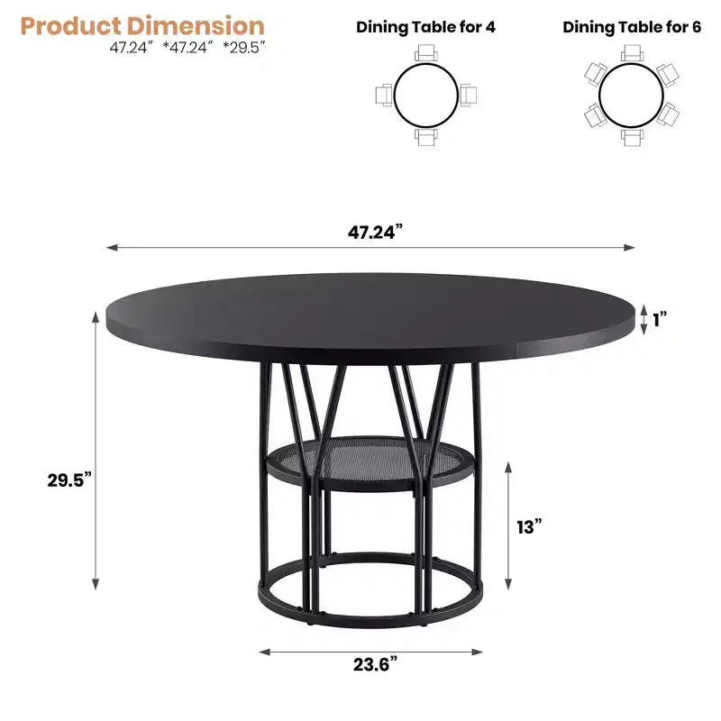 Table à manger ronde de 47" pour 4 à 6 personnes, table de cuisine en bois avec étagère de rangement et base en métal, table à manger moderne, table de petit-déjeuner pour salon, sans chaise