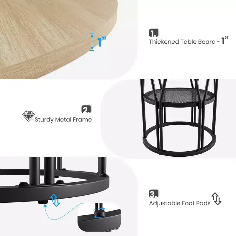 Table à manger ronde de 47" pour 4 à 6 personnes, table de cuisine en bois avec étagère de rangement et base en métal, table à manger moderne, table de petit-déjeuner pour salon, sans chaise