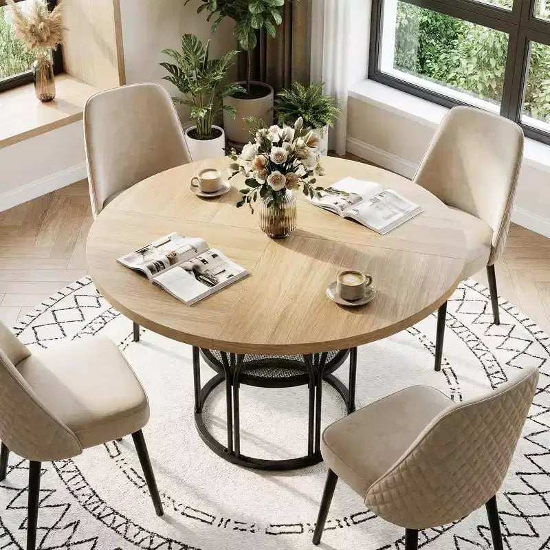 Table à manger ronde de 47" pour 4 à 6 personnes, table de cuisine en bois avec étagère de rangement et base en métal, table à manger moderne, table de petit-déjeuner pour salon, sans chaise