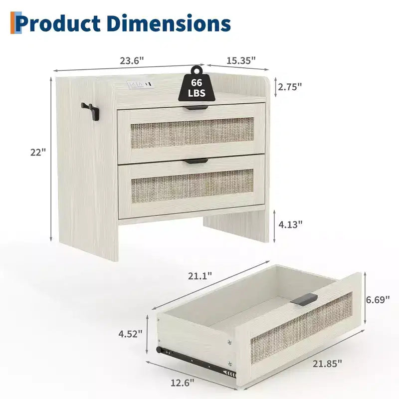 Rattan Nightstand Set of 2, Bedside Table, Modern Night Stand 2 Drawer Storage Space, Suitable for Bedroom, Office, or Living Room