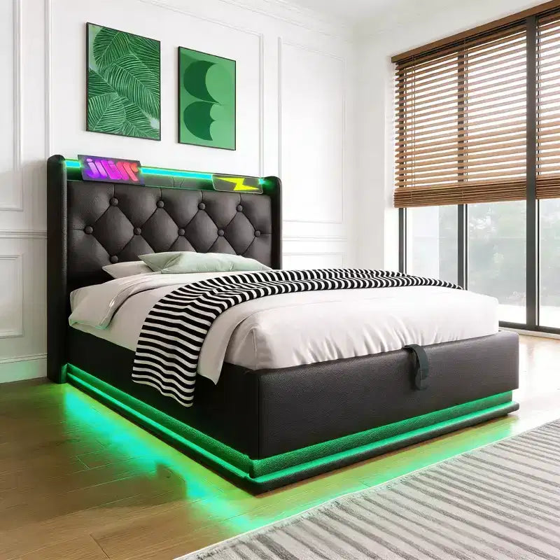 Lit tapissé double Luxystar avec rangement hydraulique, lumières RVB, ports USB et USB-C