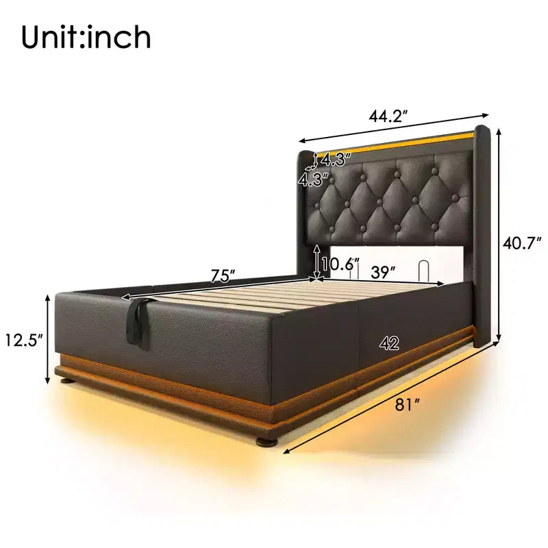Lit tapissé double Luxystar avec rangement hydraulique, lumières RVB, ports USB et USB-C