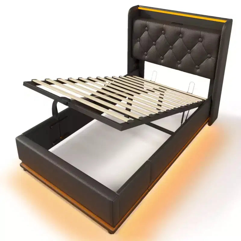 Lit tapissé double Luxystar avec rangement hydraulique, lumières RVB, ports USB et USB-C