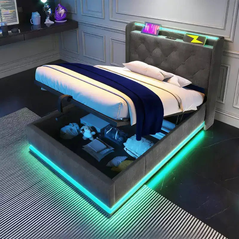 Lit tapissé double Luxystar avec rangement hydraulique, lumières RVB, ports USB et USB-C