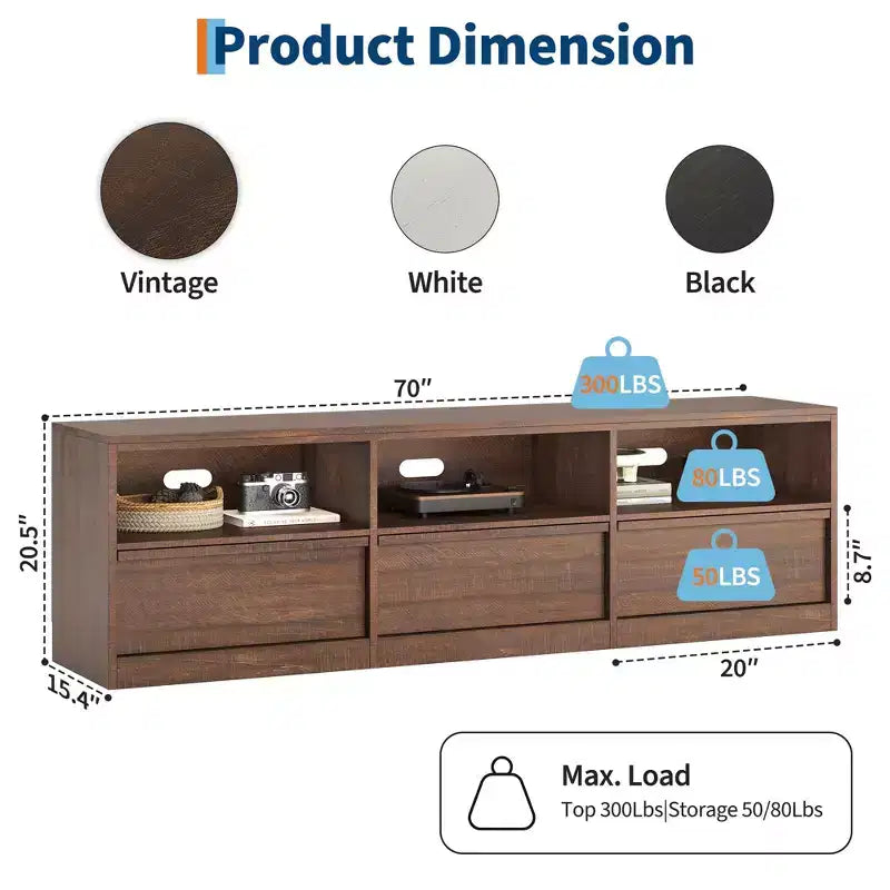 Meuble TV scandinave de 177,8 cm pour téléviseurs jusqu'à 203,2 cm, meuble de divertissement en bois avec 3 tiroirs et étagères ouvertes