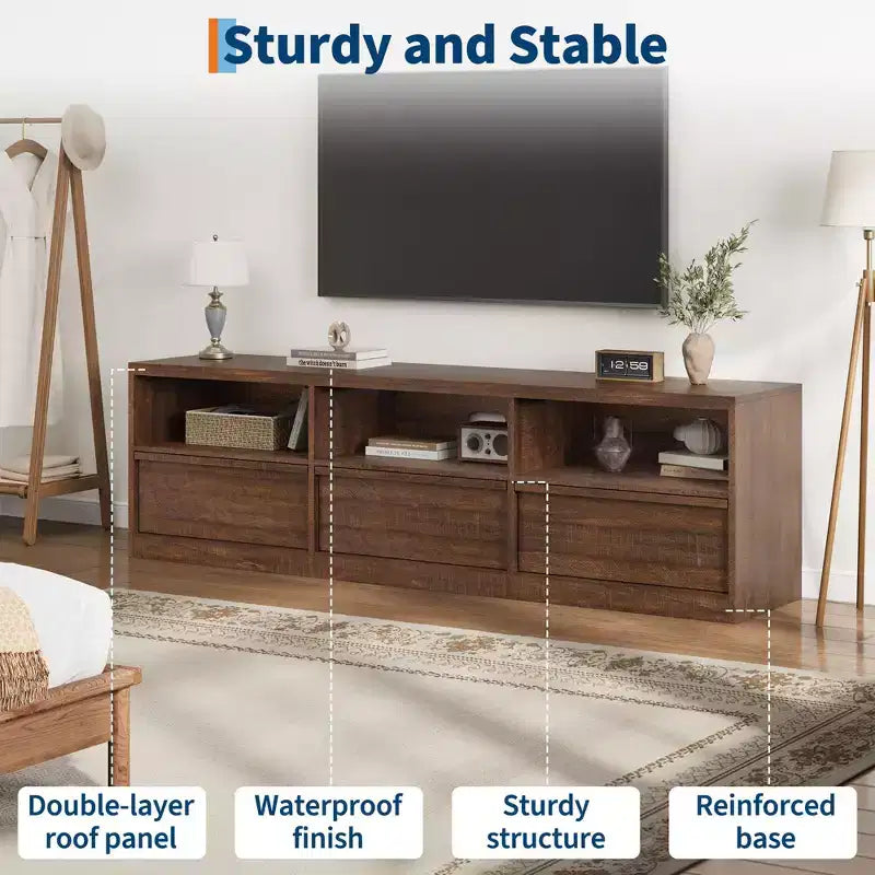 Meuble TV scandinave de 177,8 cm pour téléviseurs jusqu'à 203,2 cm, meuble de divertissement en bois avec 3 tiroirs et étagères ouvertes