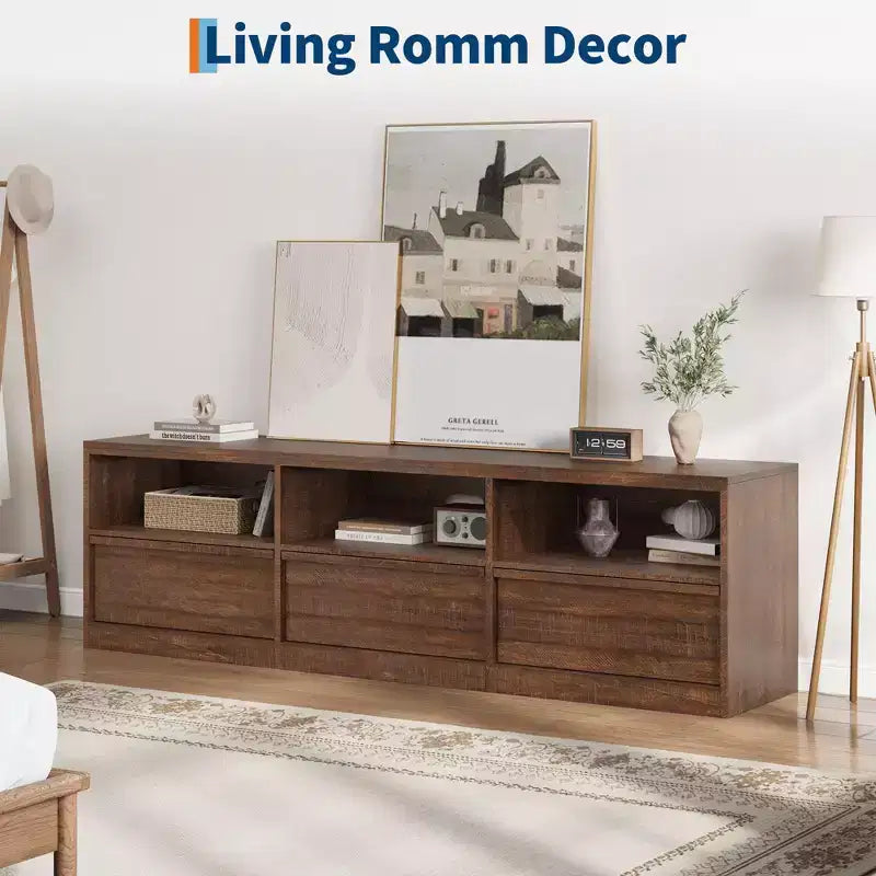 Meuble TV scandinave de 177,8 cm pour téléviseurs jusqu'à 203,2 cm, meuble de divertissement en bois avec 3 tiroirs et étagères ouvertes