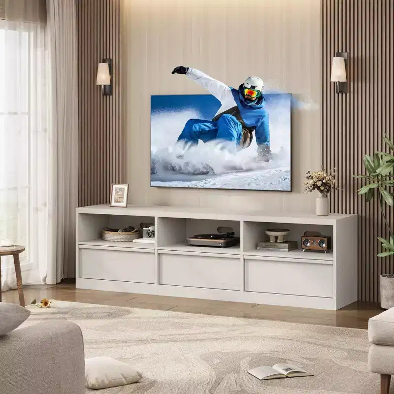 Meuble TV scandinave de 177,8 cm pour téléviseurs jusqu'à 203,2 cm, meuble de divertissement en bois avec 3 tiroirs et étagères ouvertes