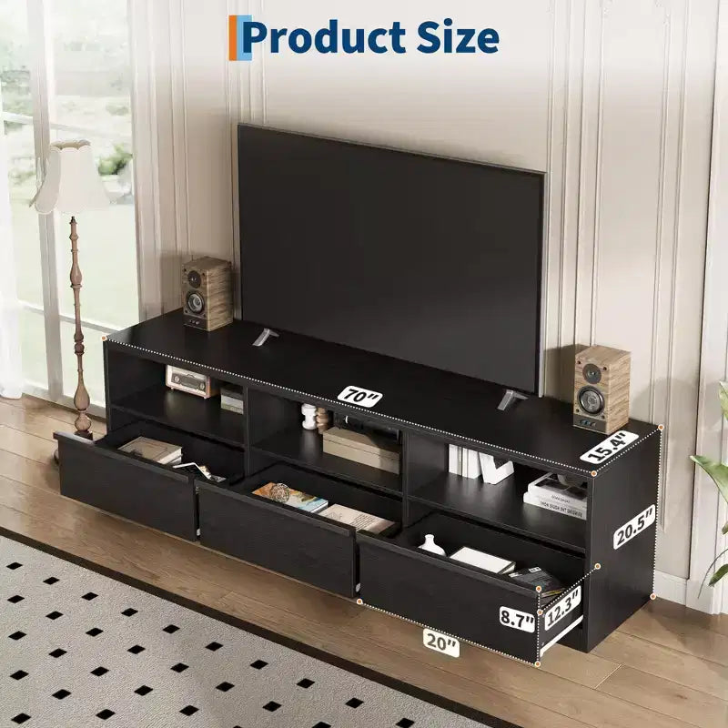 Meuble TV scandinave de 177,8 cm pour téléviseurs jusqu'à 203,2 cm, meuble de divertissement en bois avec 3 tiroirs et étagères ouvertes